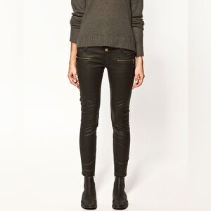 Zara Slim Fit Black Pleather Jeans w/ Gold Zip Pockets Ankle Zippers Wm Sz US06